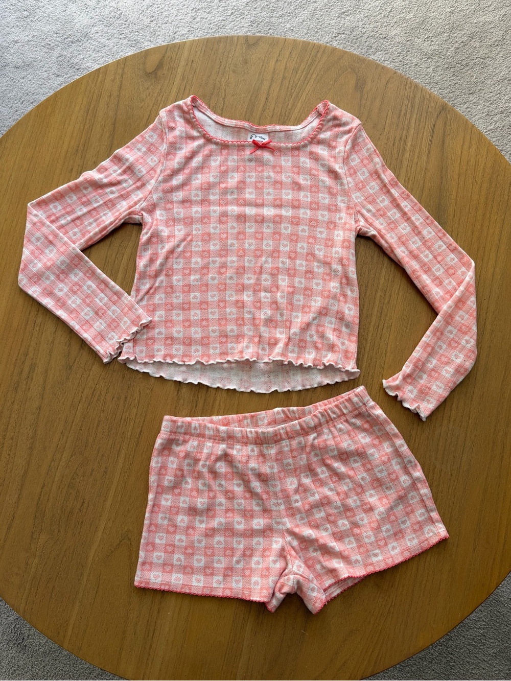 Art Class Girls’ Pink Heart-Pattern Gingham Long-Sleeve Top & Shorts Pajama Set